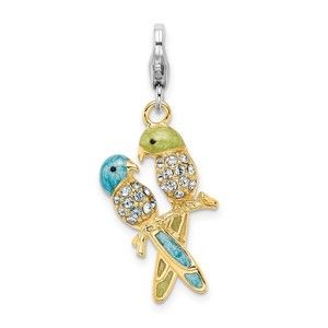 925 Silver Gold-plated 3-D Glitter Enameled Crystals Love Birds Bracelet Charm